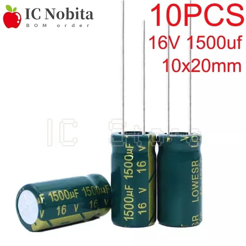 10PCS 16V 1500uf Capacitor High-Frequency Low Resistance Switching Power Adapter Electrolytic Capacitor 10x20mm Green Gold