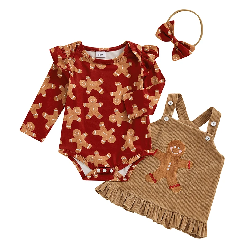 

Baby Girl Christmas Outfits Deer Gingerbread Man Print Romper Corduroy Overalls Dress Headband 3Pcs Clothes Set