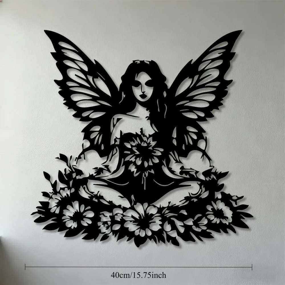 CIFBUY, 1 pieza, decoración de pared metálica con motivos de hadas y diosas, escultura de silueta de mariposa y flores.