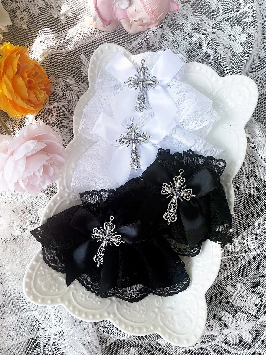 اليابانية الأصلية لوليتا الصليب كم المرأة YK2 الثقافية السوداء الحلو كول فتاة القوس الدانتيل تقليم غطاء للأكمام