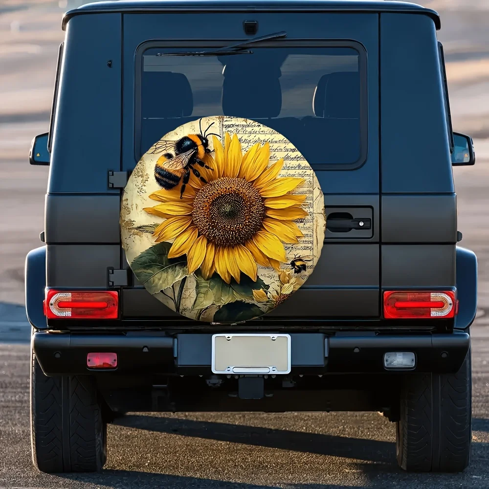 Sunflower and Bee Spare Tire Cover Durable Vinyl Protector for Auto Accessories Outdoor