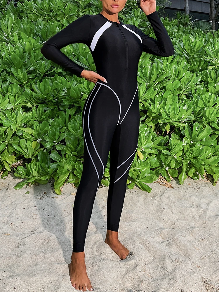 In-X Black One Piece Muslim swimwear Full Body Whole Swimwear Women New 2024 Long Sleeve Swimsuit Surf Suit Sporty Beachwear