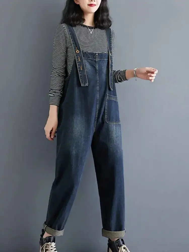 #1427 Blue Straight Denim Jumpsuits Women Ankle-legnth Streetwear Denim Overalls Female Loose Ladies Rompers Jumpsuits Spring