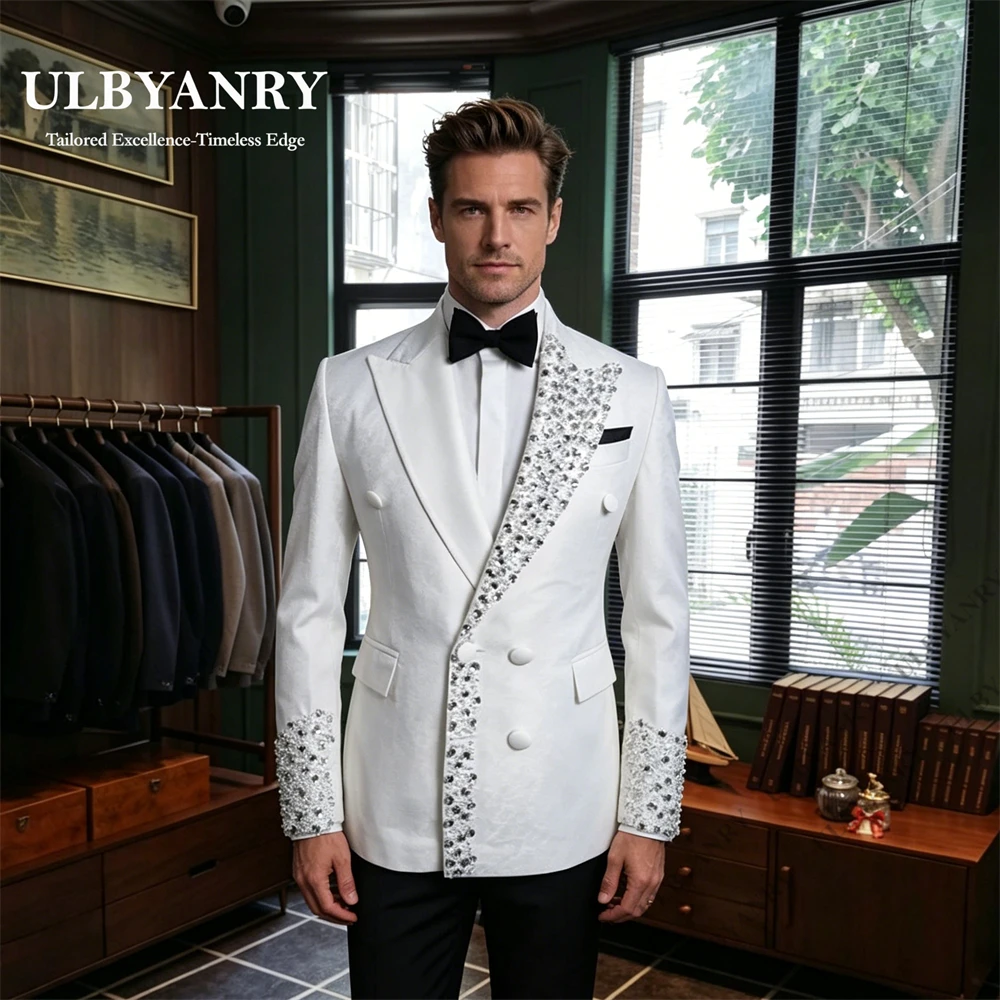 ULBYANRY Luxury Handwork Crystals 2-Piece Suit for Men, Double Breasted Wedding Groom Suit Customized Size and Colors Tuxedo