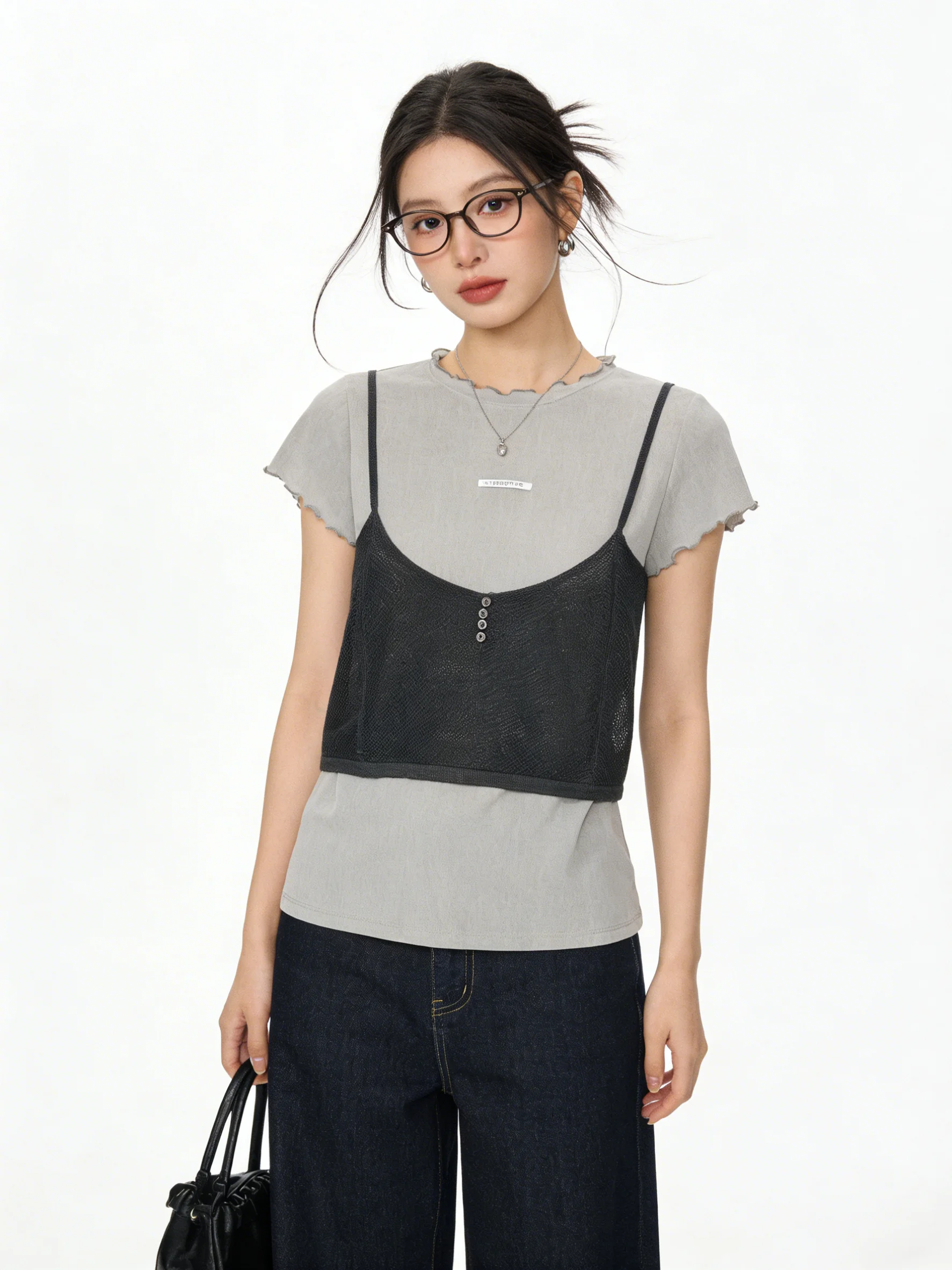 

round Neck Knitted Short Sleeve T-Shirt Set with Lace Trim Capris Korean Style Breathable Summer Fashion Casual Outfit
