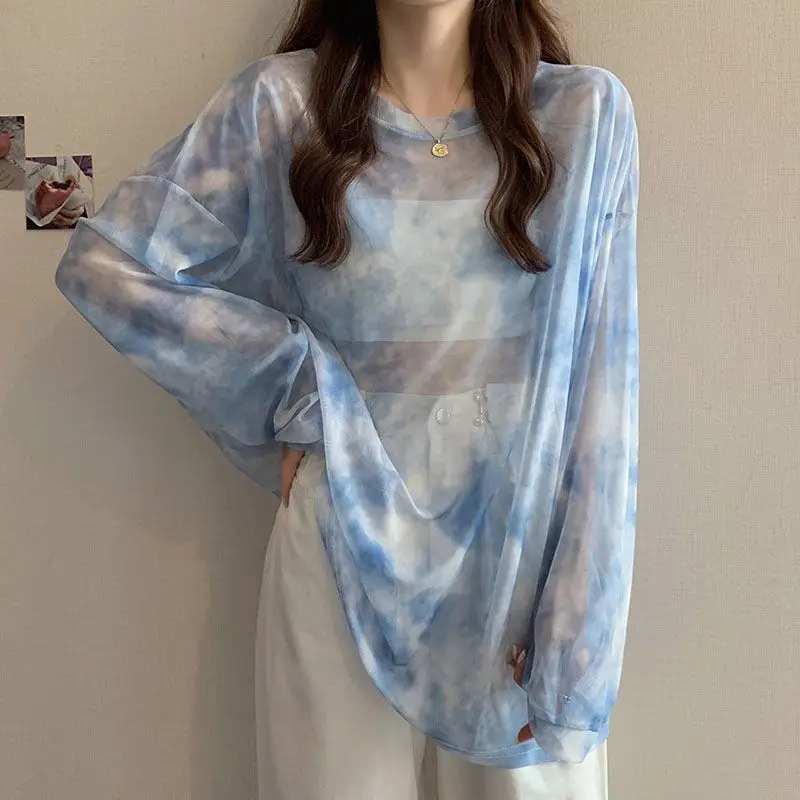 2024 Summer Round Neck Mesh Women\'s Top New Simplicity Loose Tie Dyed Long Sleeved T-shirt for Women Piece Women\'s Clothing