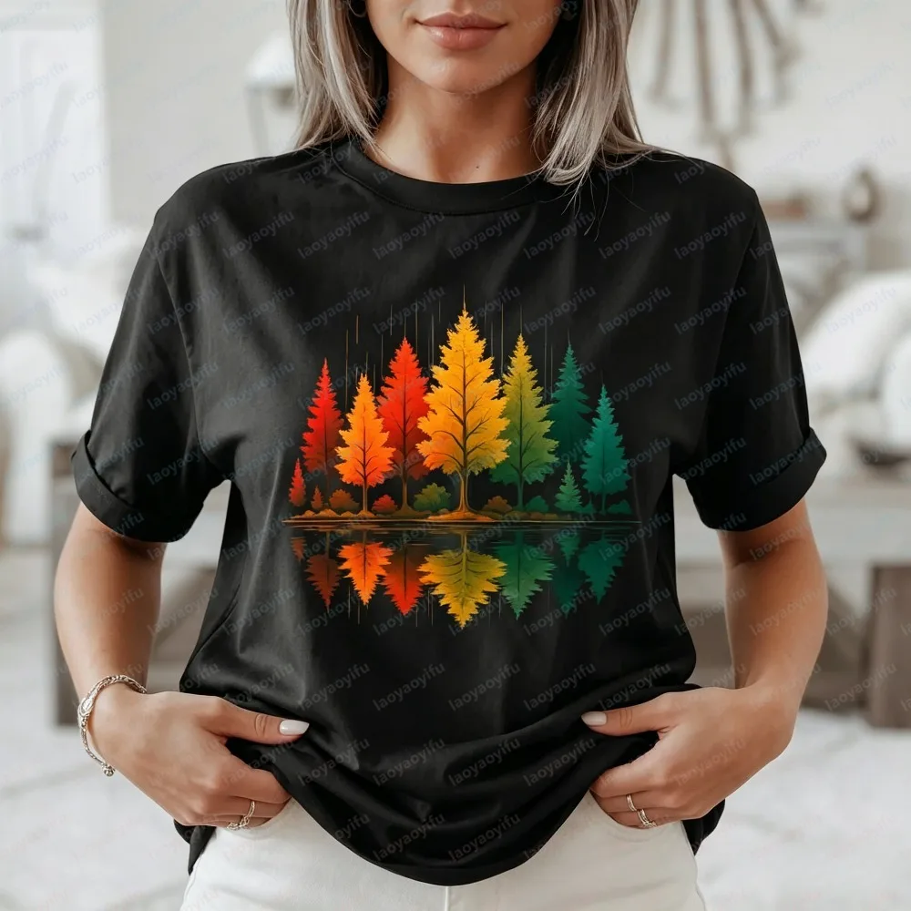 Summer Fashion Women Short Sleeve T Shirt Color Autumn Forest Lake Graphic Cotton Casual Tee Trendy Nature Daily Top For Ladies