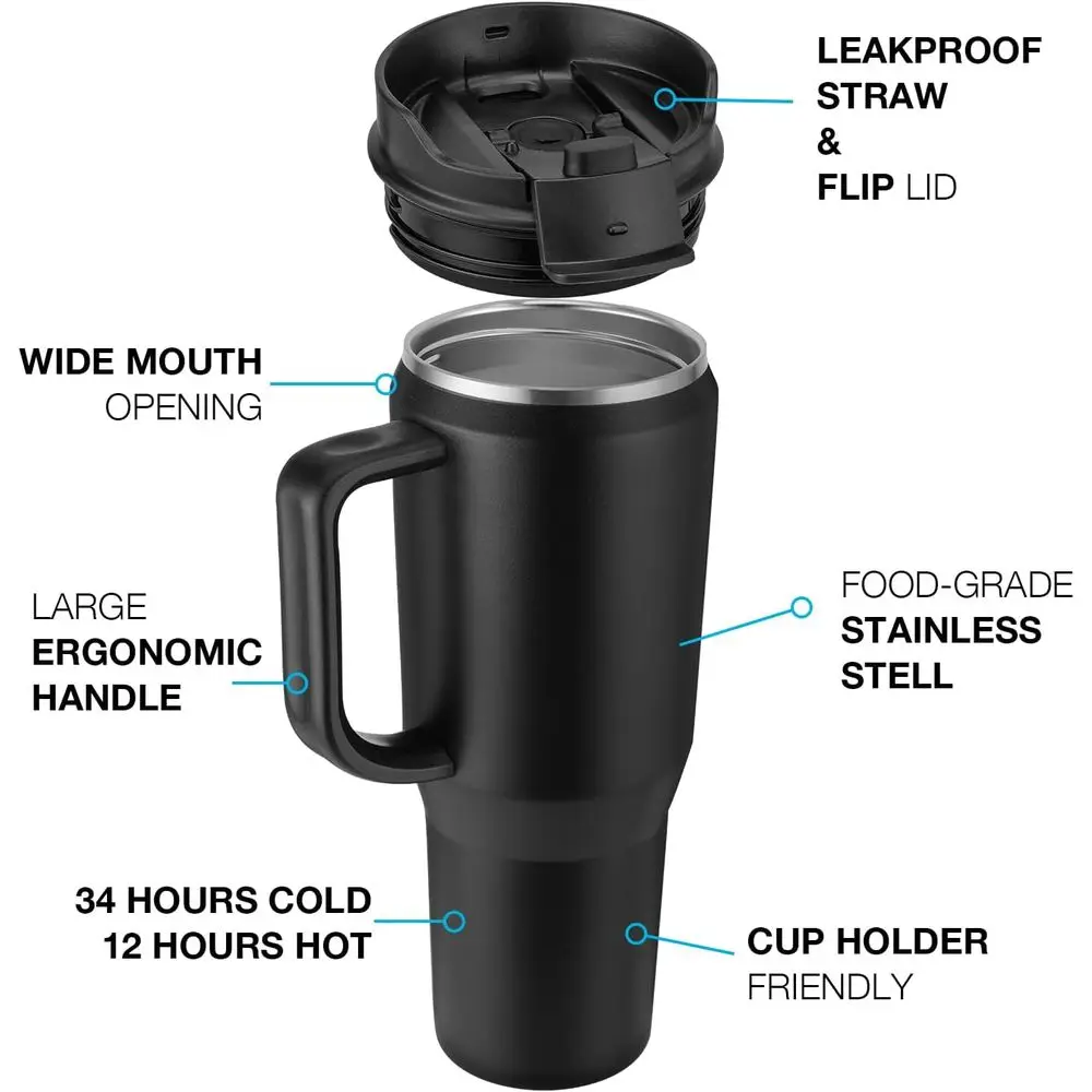 40 oz Insulated Travel Mug with Handle, Lid, and Straw, Large Stainless Steel Sports Water Bottle