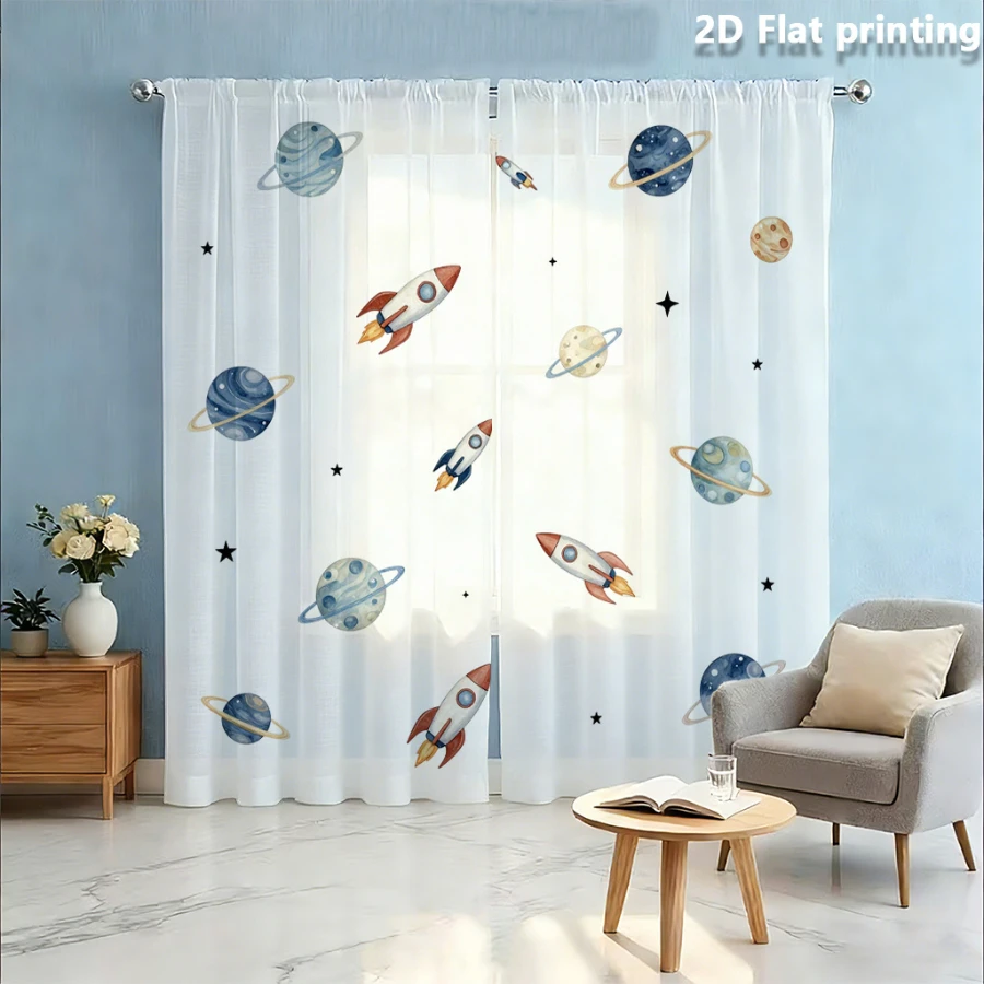 2PCS Digital Print Sheer Curtain, Planet Rocket, Cottagecore Aesthetic Window Curtains for Living Room Bedroom Home Decor