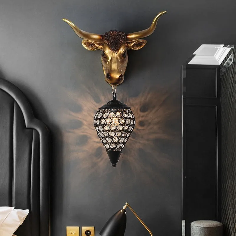 AFRA Modern Interior Crystal Wall Lamps Creative Cattle Design Led Bedside Sconce Lights For Home Living Room Porch Decor