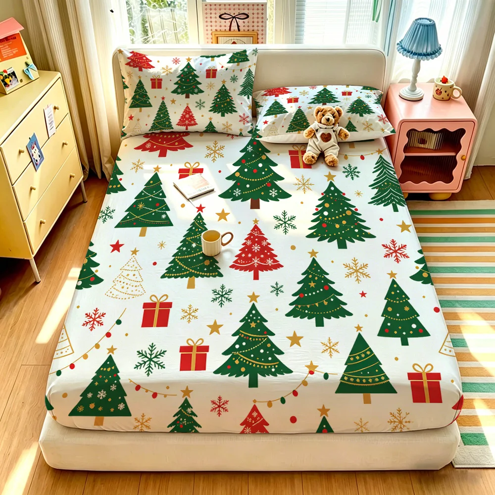 3PCS Christmas Pine Tree Snowflake Gift Print Duvet Cover Set No Insert Soft Machine Washable 1 Duvet Cover 2 Pillowcases Bed
