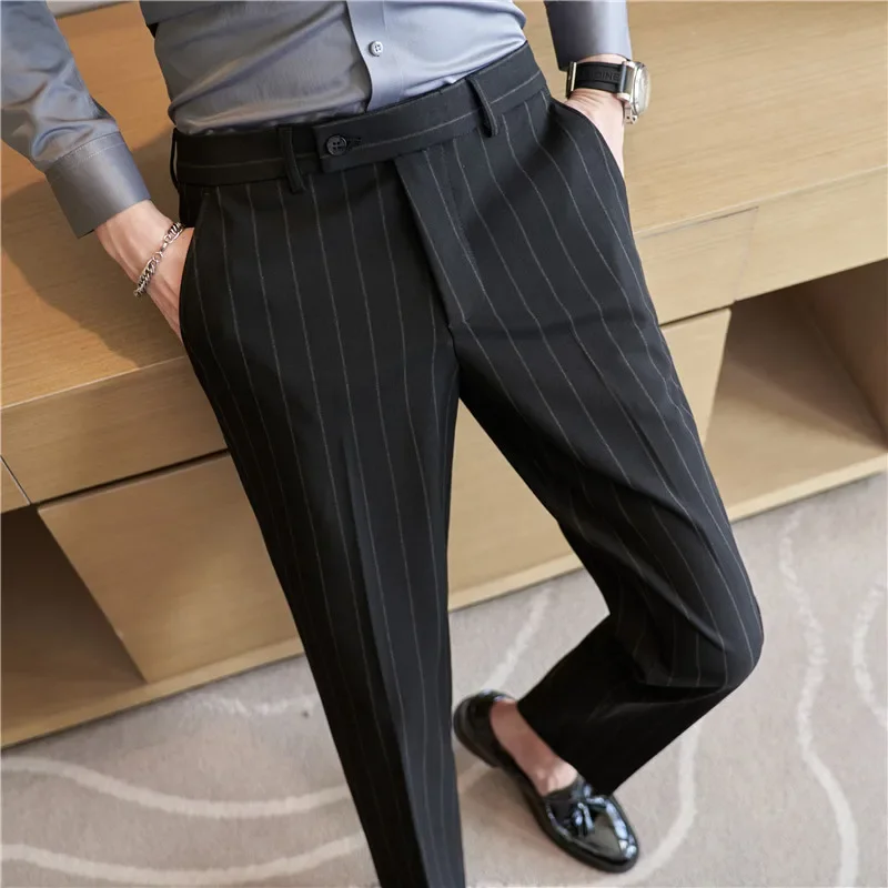 Men\'s Striped Suit Pants Elastic 2024 Autumn New Social Casual Trousers Slim Fit Suit Pants Business Office Wedding Men Clothing