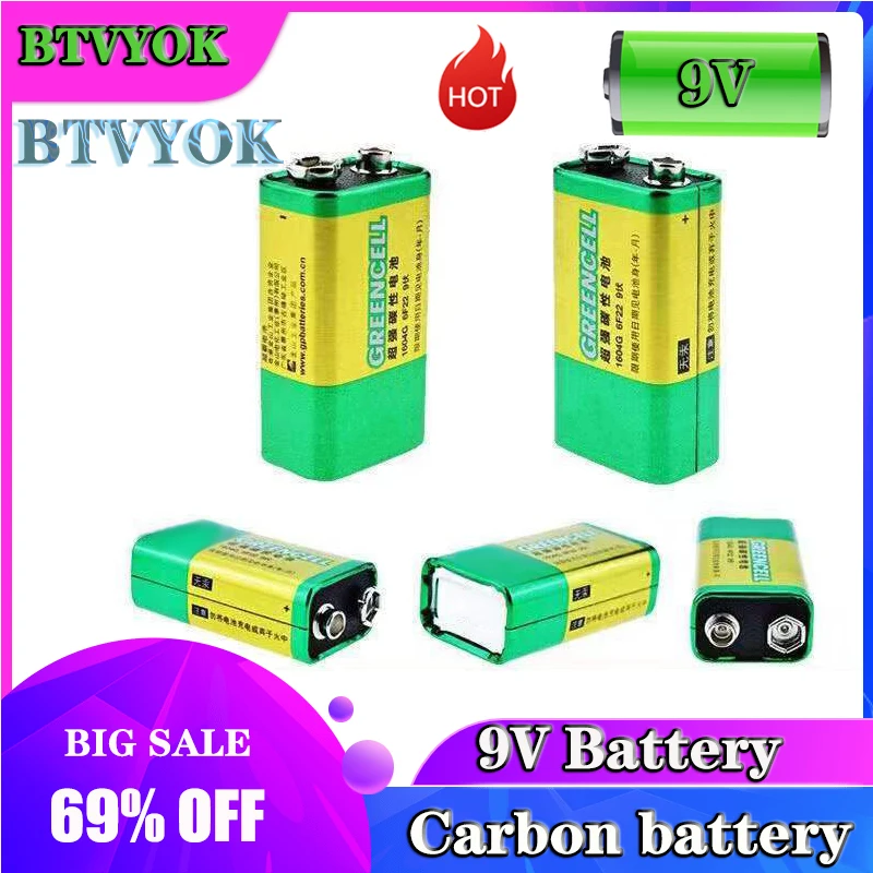 Brand new 9 Volt Battery 6F22/1604G Square Carbon Battery for Laminated Smoke Alarm Microphone Multimeter Toys etc.