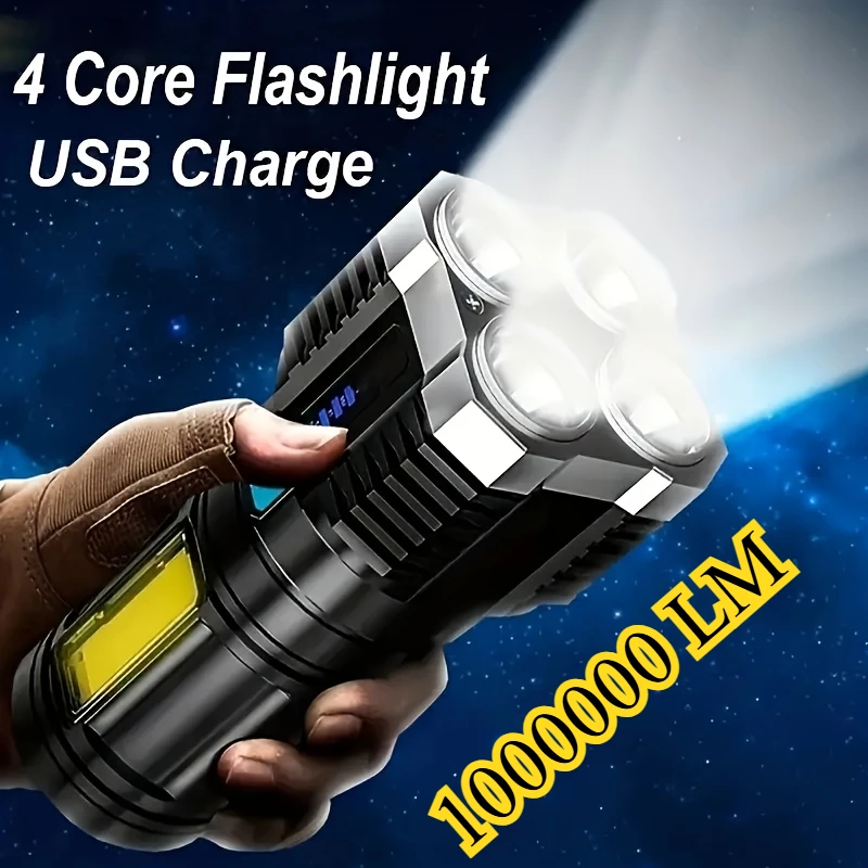 2025 Powerful LED Flashlight USB+Solar Rechargeable Flashlight COB Outdoor Camping Torch Portable Searchlight Power Bank Outdoor