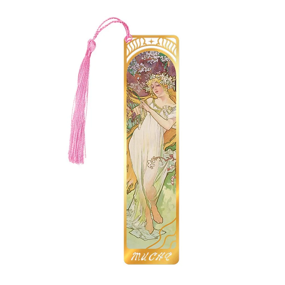 

Portable Metal Tassel Metal Bookmarks Mucha Retro Style Aesthetic Reading Book Paper Clip Book Page Holder Writers