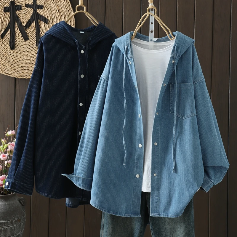 

Модная женская джинсовая рубашка-куртка больших размеров с капюшоном, весна-осень, новый стиль, не мнется, с длинным рукавом, для повседневной носки