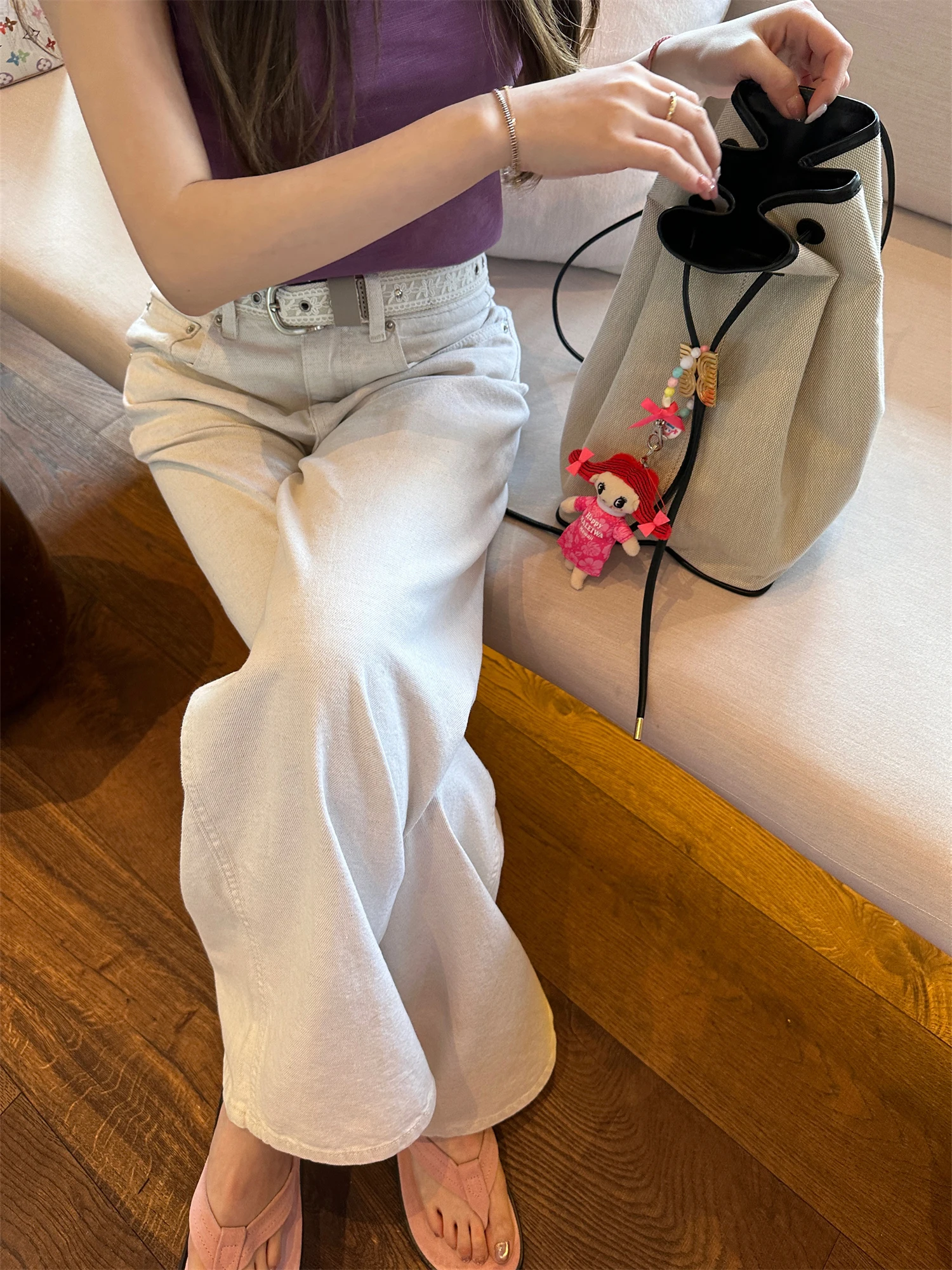 

High Waist Cotton Linen White Jeans Casual Straight Leg Jeans Love Recent Pants Slimming Effect Adult Loose Fit