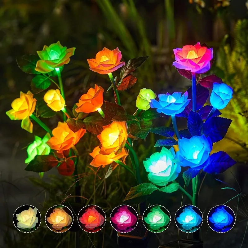 1pcs Outdoor Waterproof Solar Rose Lights with 3 Realistic Lighted Flower Heads Garden Decorative Lamp For Home Patio Decoration