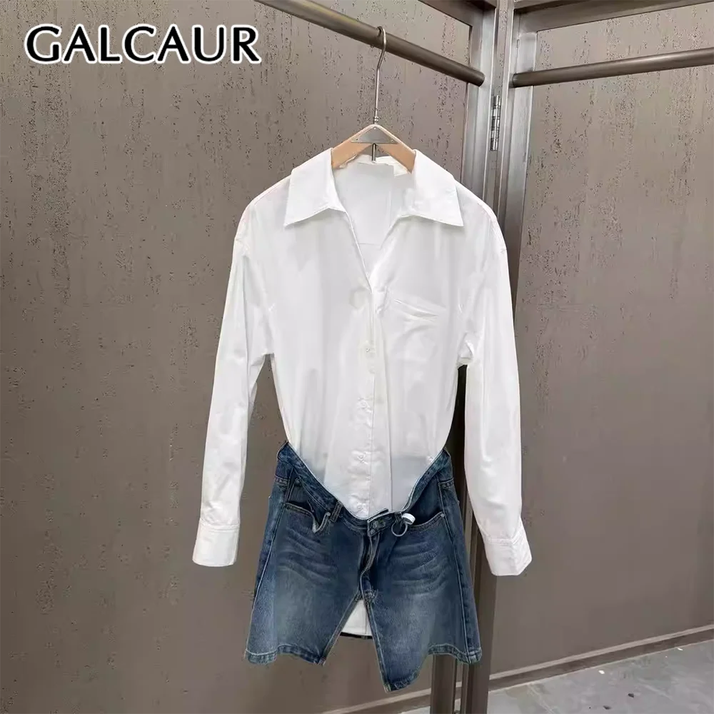 GALCAUR Colorblock Loose Spliced Single Button for Women Lapel Long Sleeves Patchwork Denim Minimalist Dresses Female Fashion