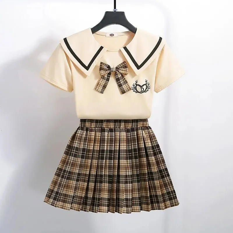 Summer Children Girls Clothes Set JK Student School Lapel Tshirts and Plaid Pleated Skirts 2 Pieces Suit Kid Top Bottom Outfits