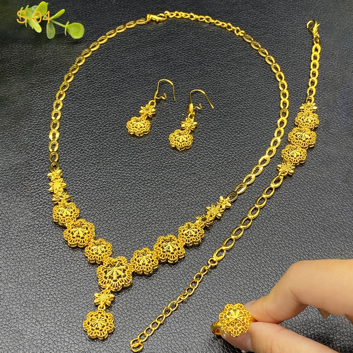 ANIID Indian 24k Gold Color Necklace Earrings Bracelet Ring Set Elegant Bridal Wedding Flower Shape Jewelry Sets for Dubai Lady