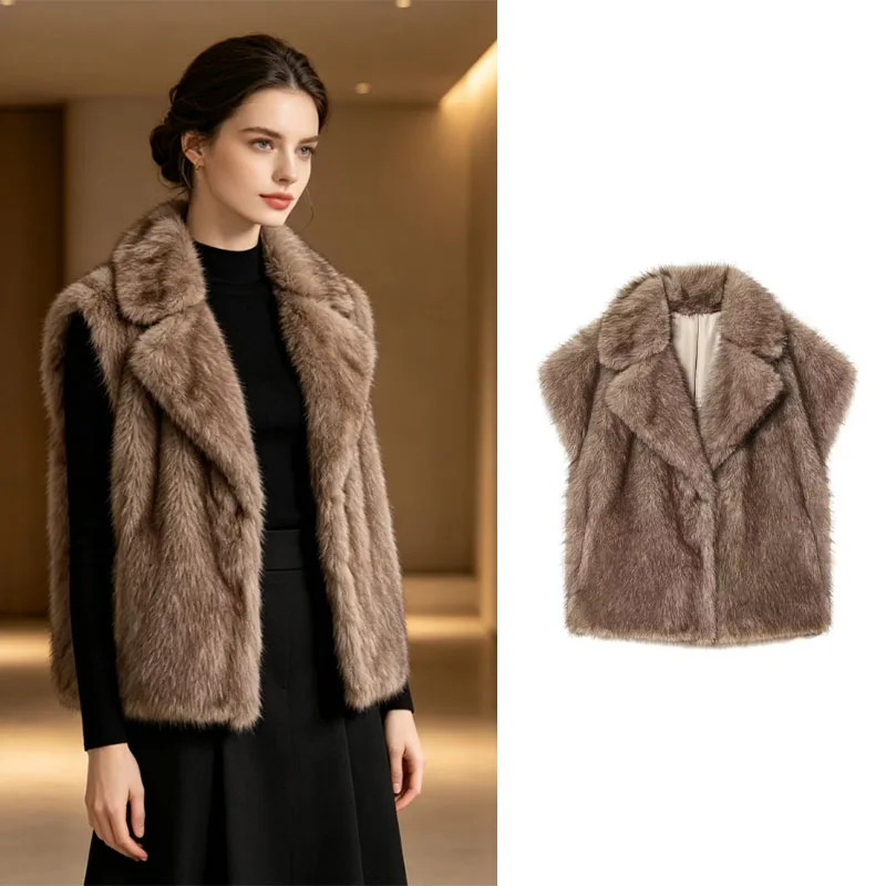 Women's loose-fit lapel puffy vest sleeveless cardigan  thick fuzzy fluffy vest warm winter layering jacket