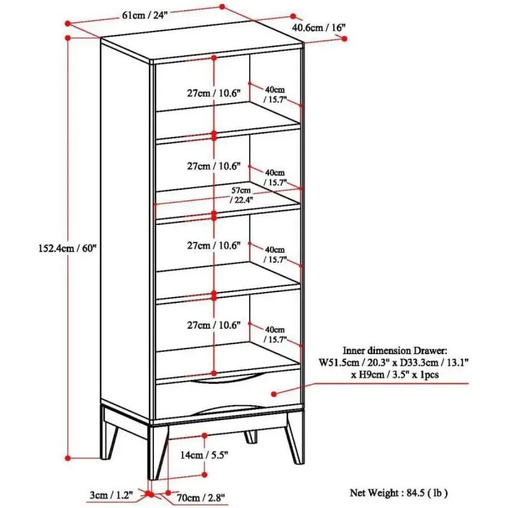 Estantería moderna de madera dura de mediados de siglo, almacenamiento en marrón teca, para sala de estar, sala de estudio y oficina, 24 pulgadas