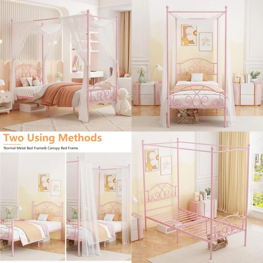 

Twin Size Metal Platform Bed with 4 Posters, No Box Spring Needed, Suitable for Kids and Adults, Pink