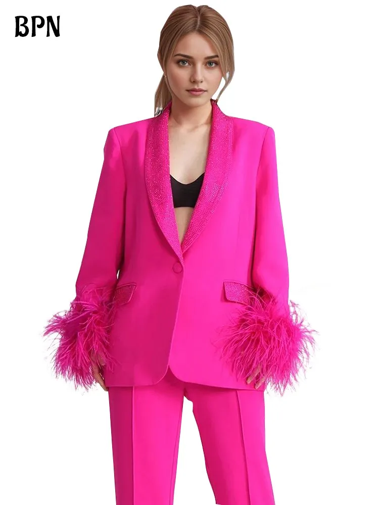 

BPN Fashion Patchwork Diamonds Party Blazer For Women V Neck Long Sleeve Spliced Feather Solid Temperament Blazers Female Style