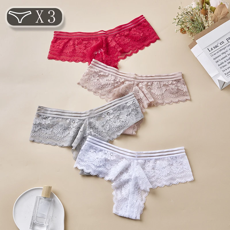 3 piezas de encaje Sexy de tamaño pequeño, Tanga de cintura baja para mujer, bragas suaves y sedosas para mujer, ropa interior de mujer cómoda y sin costuras