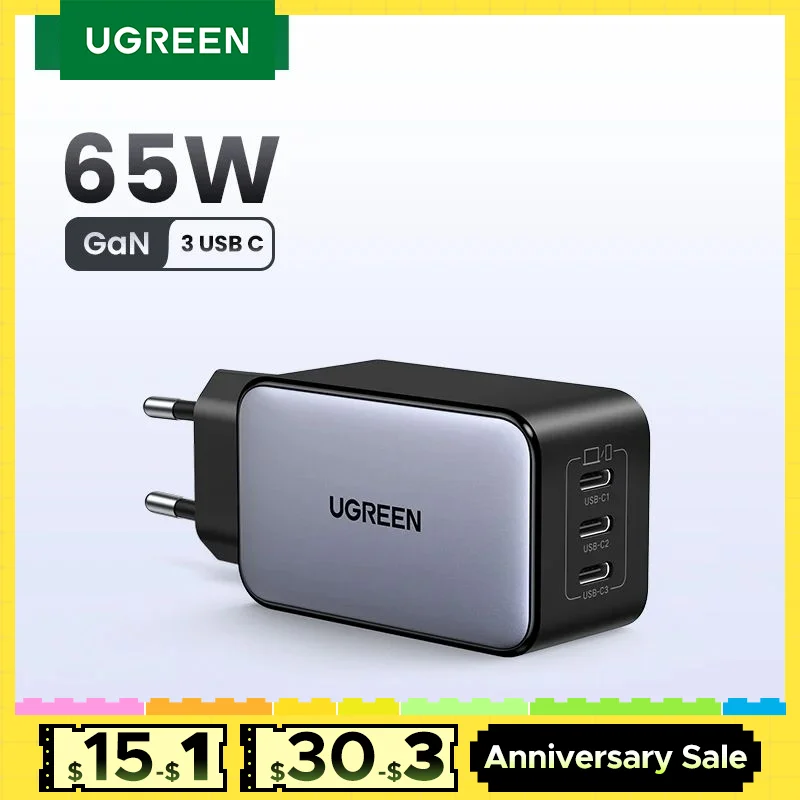UGREEN 65W GaN Charger Quick Charge 4.0 3.0 PPS PD 3.0 Fast Charger 3 USB C For Macbook Air Laptops Tablets iPhone 16 15 14 Pro