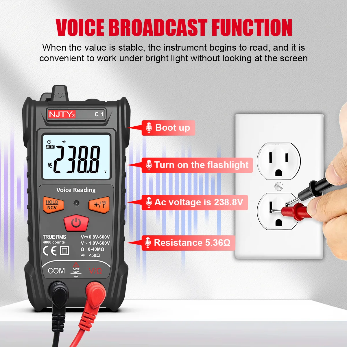 NJTY T1 C1 Digital Multimeter Smart 4000 Counts AUTO Range TRMS AC/DC Voltage Resistance Meter Tester Backlit LCD Intelligent