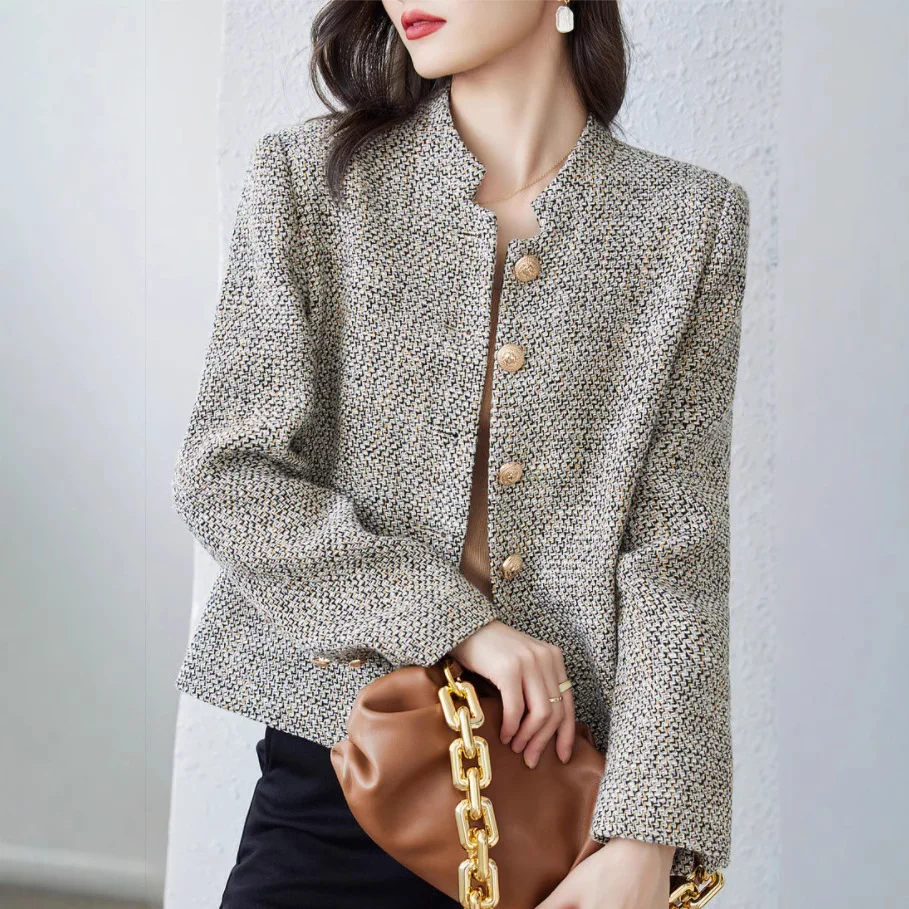 Women French Style Tweed Jacket 2026 Spring Autumn New Stand Collar Short Coat Top Fashion Elegant Single Breasted Outerwear