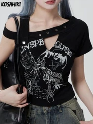 Streetwear Skew Collar One Shoulder Tees 2024 stampa Vintage Harajuku Crop top Fairy Grunge Slim t-shirt donna Y2k estetica