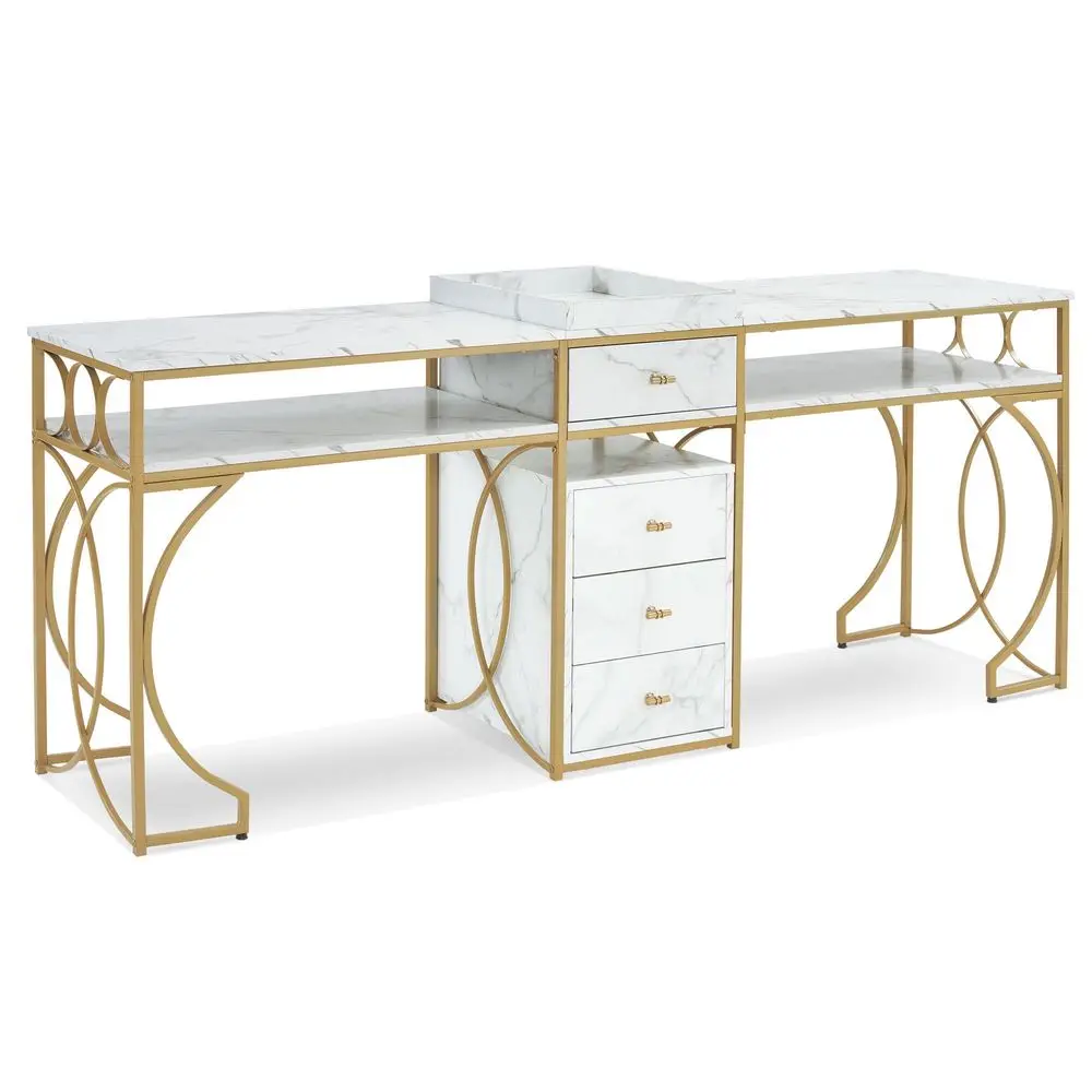 

Modern Double Manicure Table, Nail Marbling Texture Station for 2 Person, Long Nail Desk with Storage Drawers amp Metal Frame 2