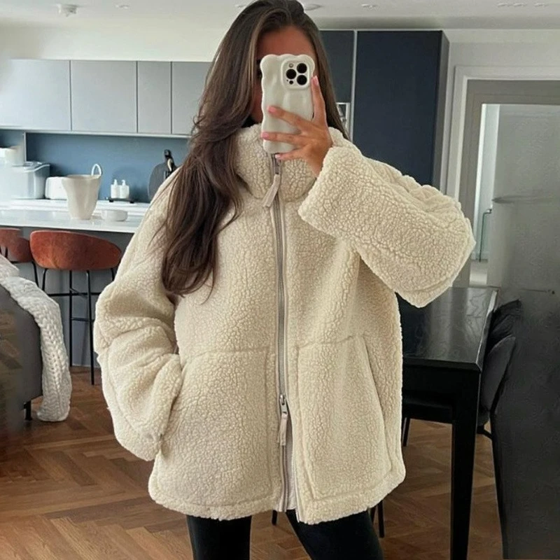 

Ticketsx Women Wool Loose Jacket Fashion Fall Winter Zipper Pocket Patchwork Warm Coat Vintage Casual Streetwear Commute Jacket