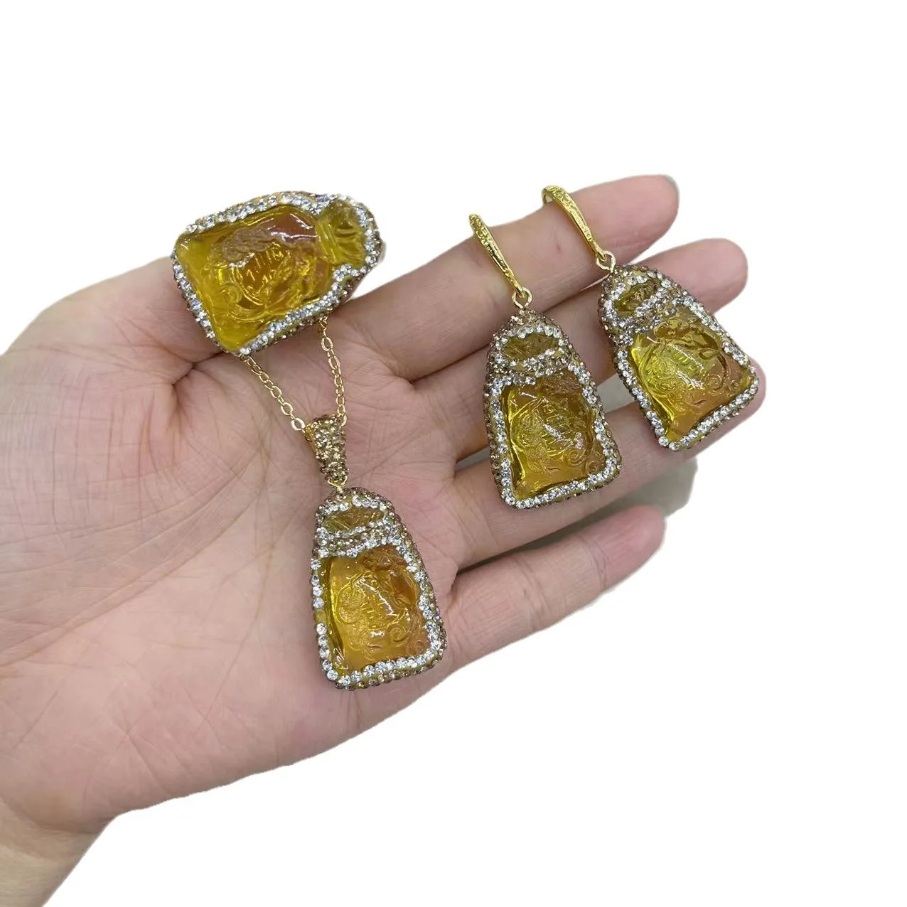 New Year's hot-selling glazed lucky bag clay inlaid three-piece jewelry set niche original jewelry necklace earrings, rings