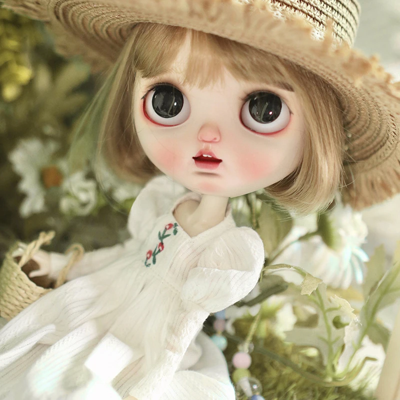 Handgemaakte blythe pop kleding zomer witte jurk sweet vierkante hals poff mouw lange jurk voor blyth licca ob24 pullip poppen geschenken