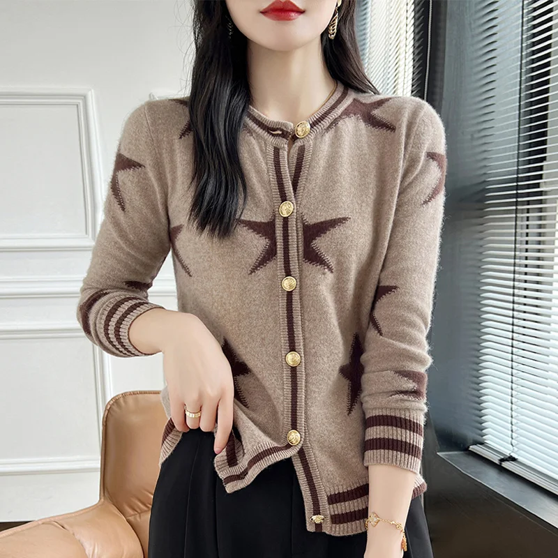 Autumn Winter New 100% Wool Women Clothing Fashion Round Neck Knitted Cardigan Casual Loose Embroidered Tops Long Sleeve Sweater