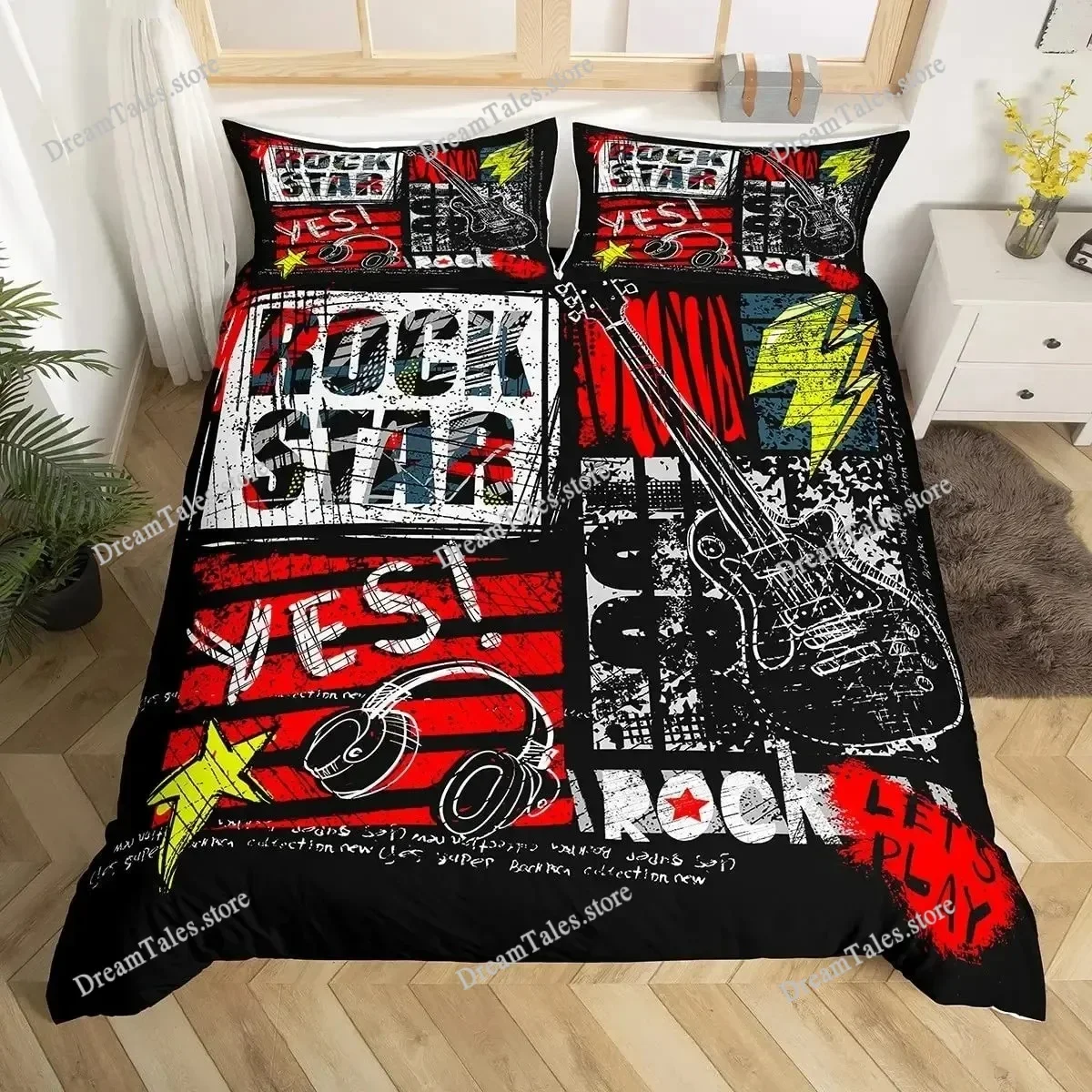 Guitar Bedding Set Punk Rock Music Duvet Cover Set for Kids Teens Boys Young Man Rotating Musical Instrument Comforter Cover