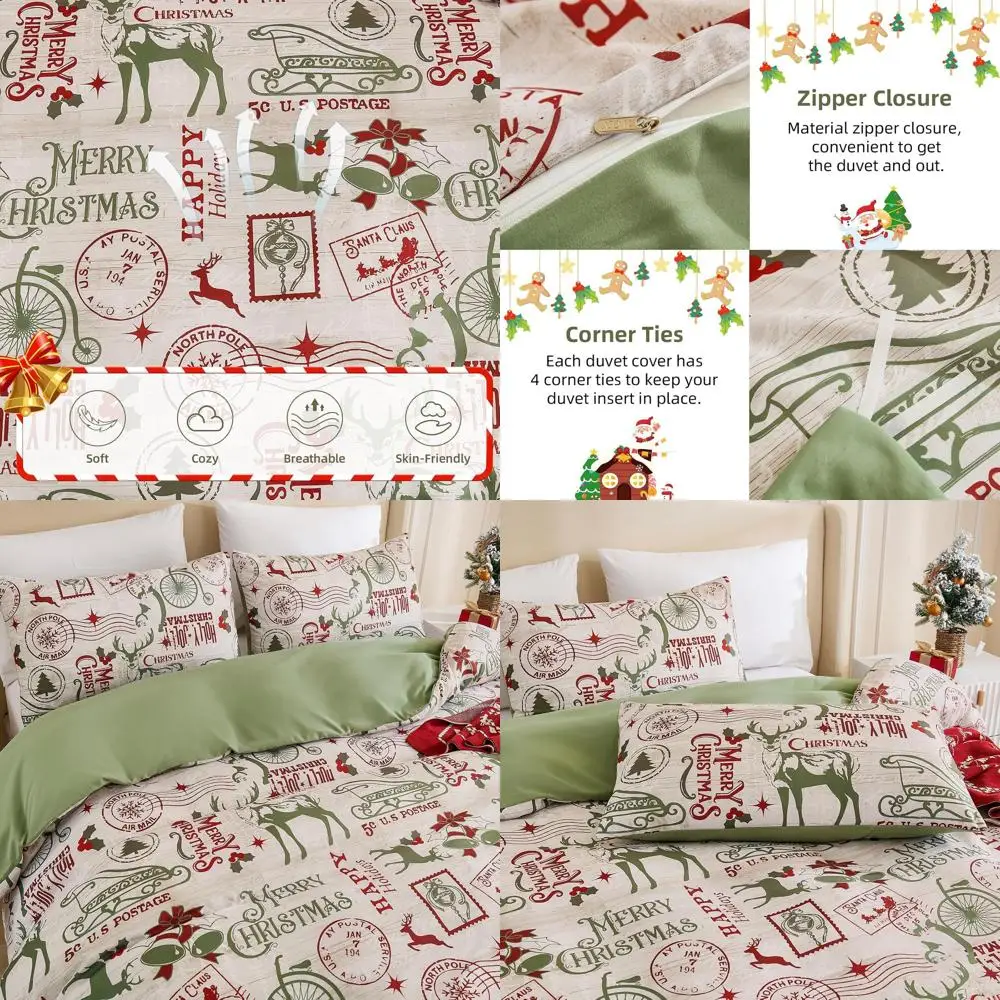 

King Size Reindeer Sled & Bell Christmas Duvet Cover Set with 2 Pillowcases, 104x90cm, Soft Holiday Bedding