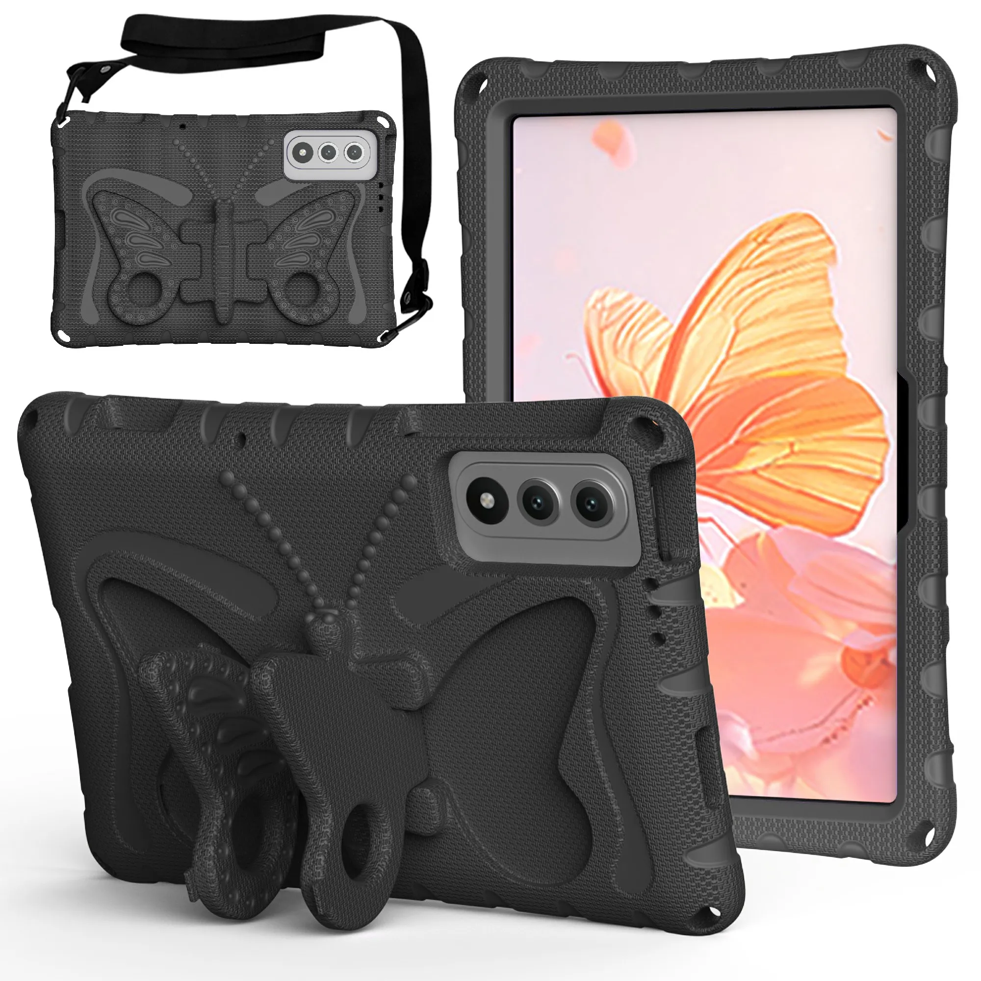 For Lenovo Yoga Tab 11.1 / TECNO Megapad SE Case Butterfly Kickstand EVA Tablet Cover with Shoulder Strap - Black