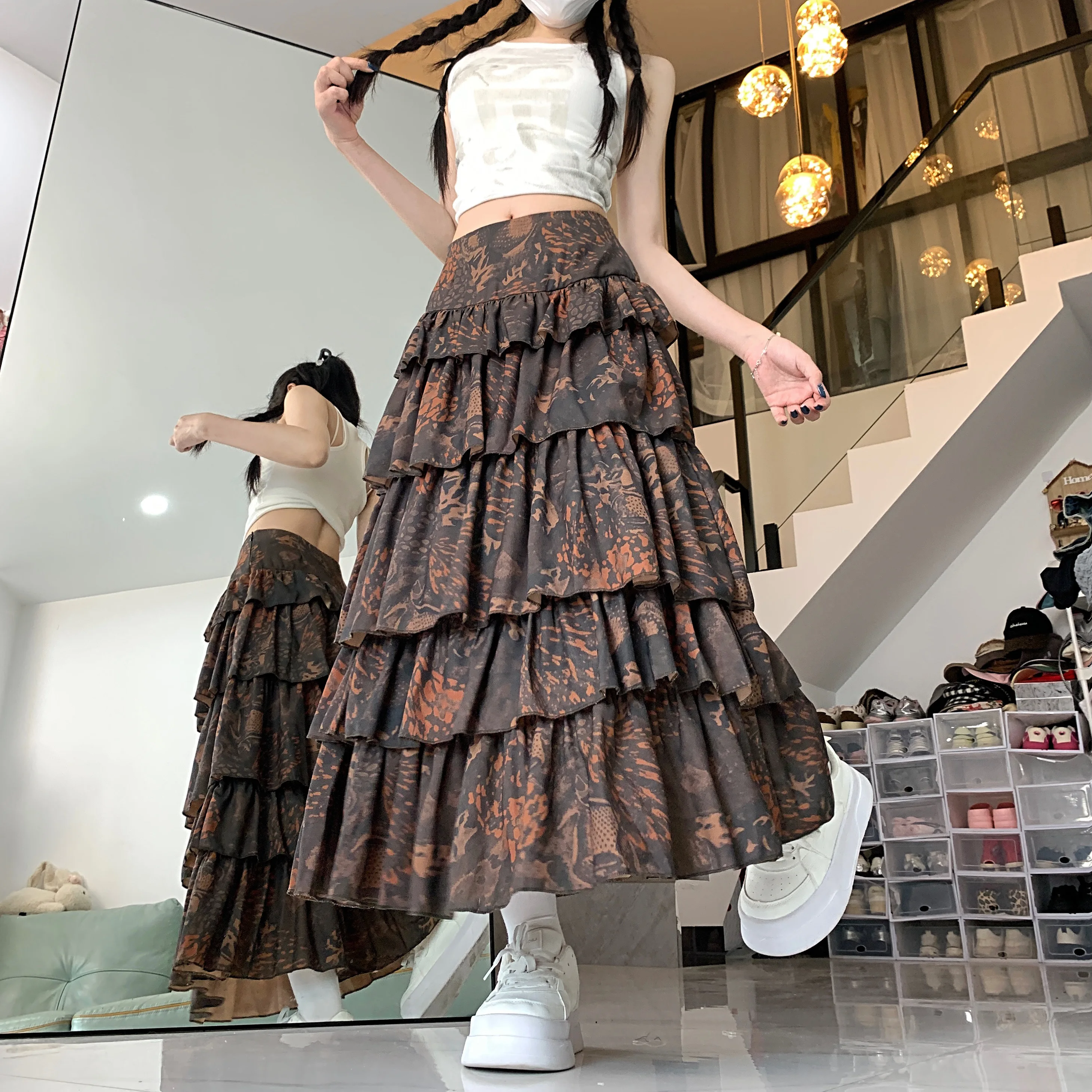 Midi Long Skirts Womens Ball Gown Skirt 2025 Goth Vintage Sring Summer High Waist High Low Ruched Ruffle Pleated Skirts rok