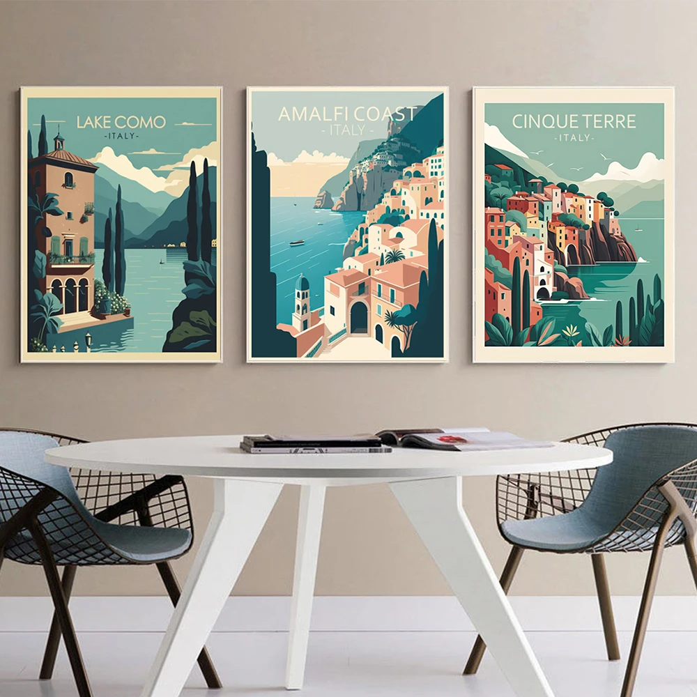 Póster de viaje italiano de Amalfi, Cinque Terre, lago Como ilustración de paisaje, impresión artística, pintura de lienzo Retro nórdico, decoración del hogar