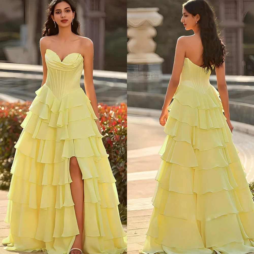 

Customized Delicate Yellow Chiffon Evening Dress Elegant Strapless Sleeveless Zipper Back Side Slit Tiered Special Occasion Gown