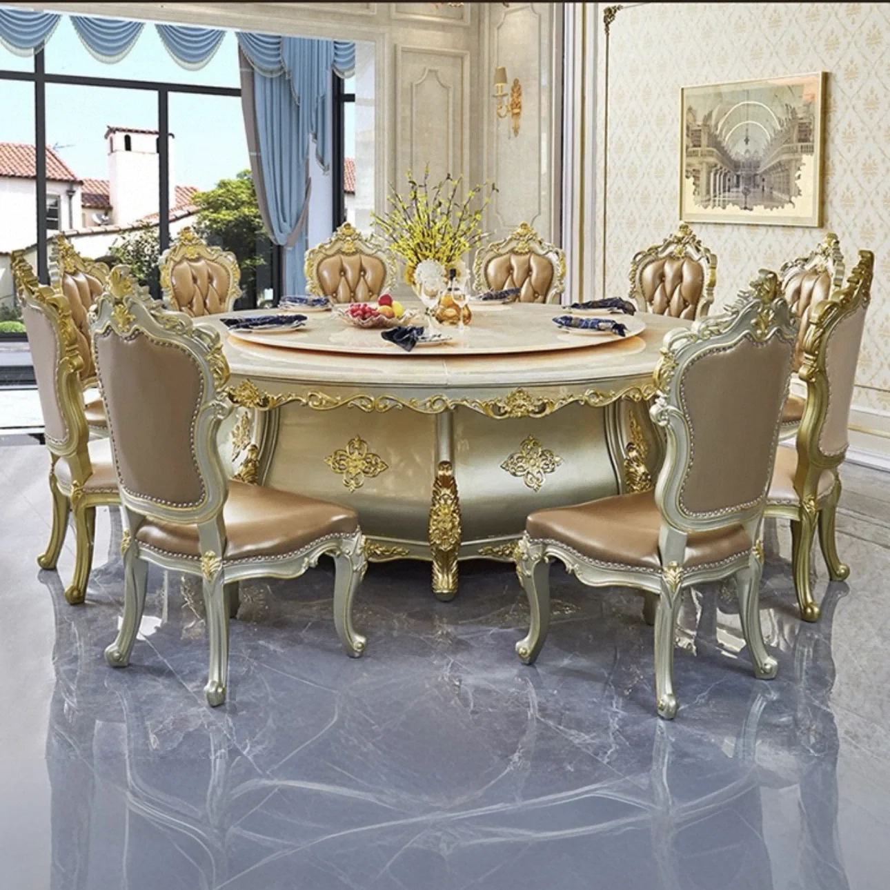 #Gold Carved Round Dining Table Set Solid Wood European Style Rotary Dining Furniture for Villa
