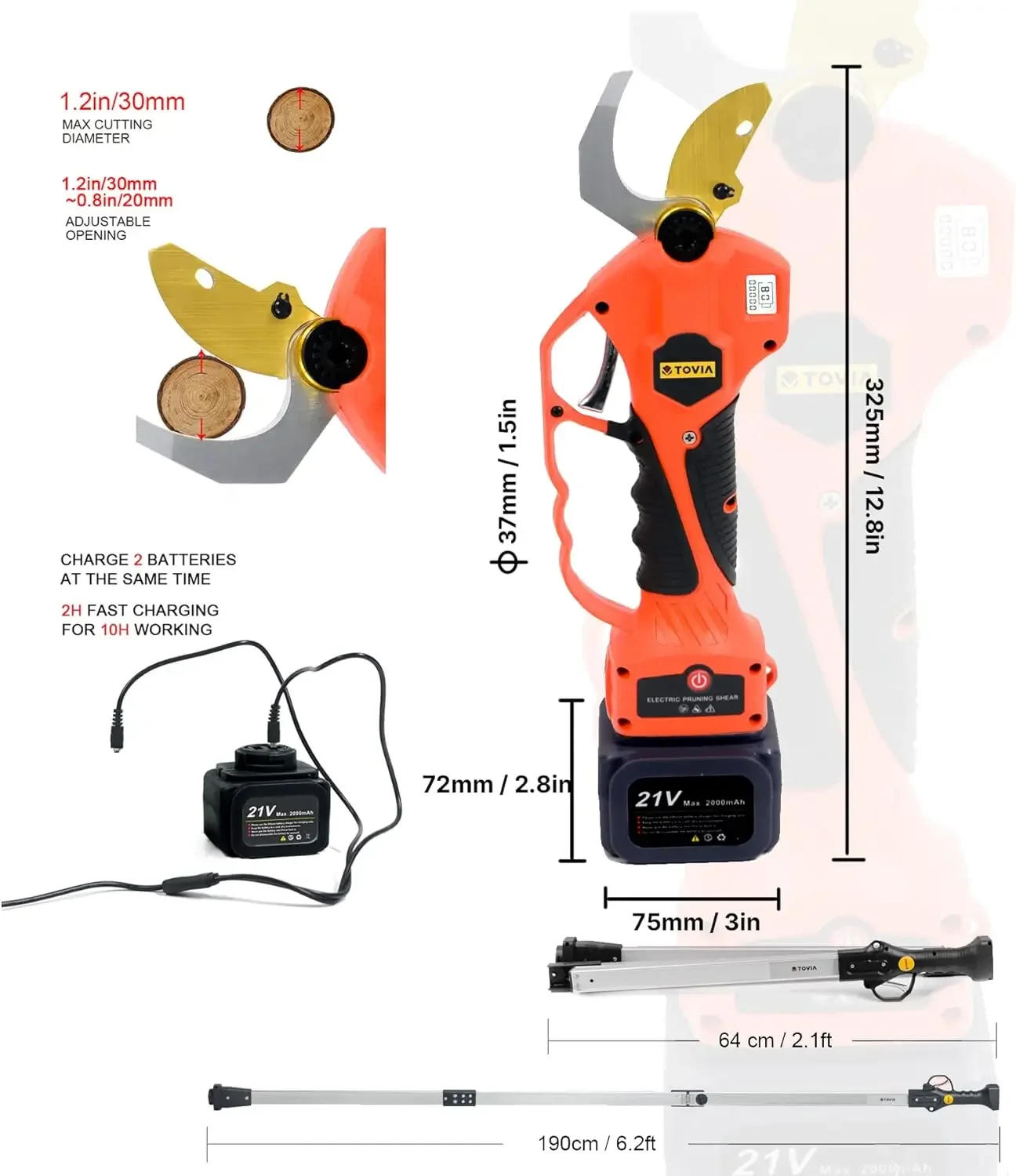 Cordless Pruning Shears, Electric Pruner with 75 Inch Foldable Extension Pole, 21V Lithium Battery, Titanium Plated SK5 Blades,