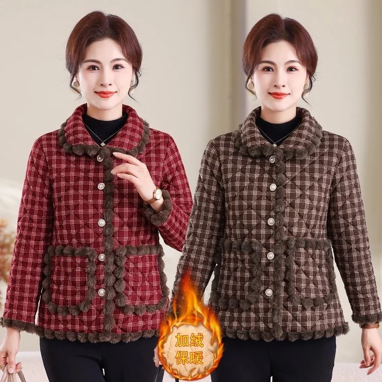 

Winter Plaid Cotton Jaet Women's plus Size Warm Thiened ort Sle Small Figure Friendly Faionable Collar Coat