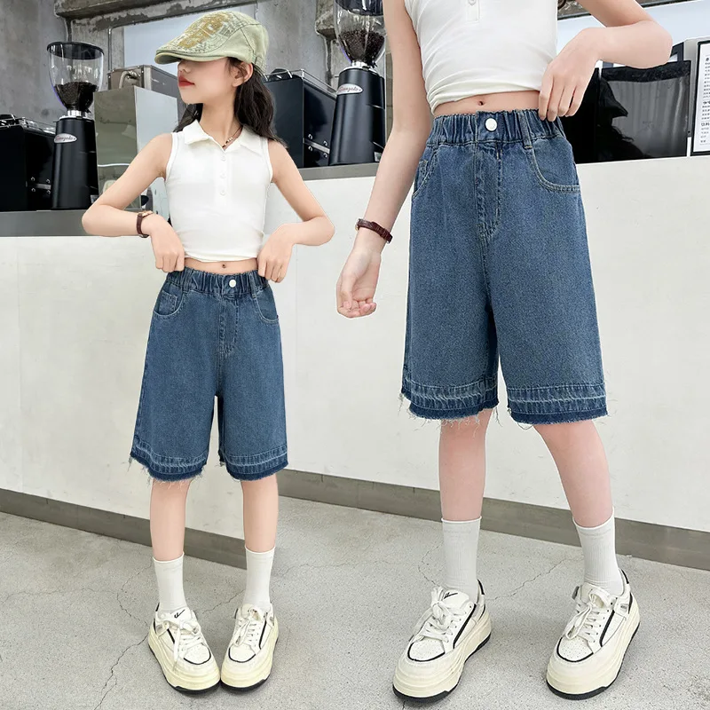Big Kids Knee-Length Denim Shorts with Edge Design for Teens Girl Fashion Short Jeans Children's Summer Five-point Pants 4-14 Y