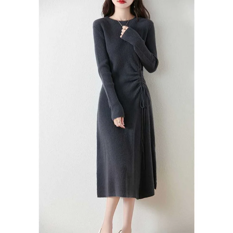 

Autumn Winter Graceful Shirring Solid Midi Knitted Dress Women Fashion Joker Long Sleeve Sweater Dresses Lady Daily Buttoming